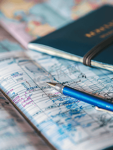 出境背景摄影照片_泰国签证申请表和纸日历页上的蓝笔