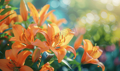 夏日花园里的橙色百合花丛特写