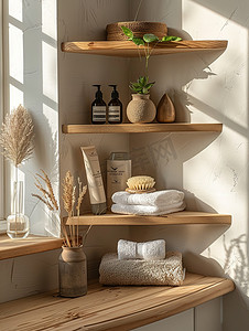 浴室木制角架浅色木质色调摄影配图