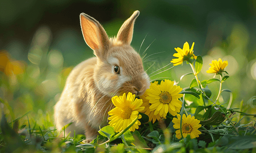 兔子黄色摄影照片_绿色自然背景中一束黄色花朵的可爱姜兔