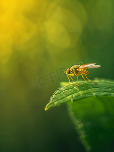 一只苍蝇栖息在一片绿叶上背景为绿色微距摄影技术