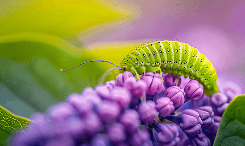 紫丁香叶上的绿色毛虫