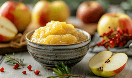 碗里自制的苹果酱和桌上的新鲜水果有机食品垂直视图