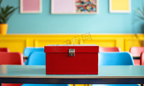 记录板摄影照片_教室里红色盒子里的蓝色作品集