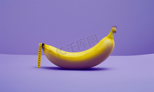 黄色几何简约摄影照片_紫色背景上使用黄色尺子测量香蕉成人材料
