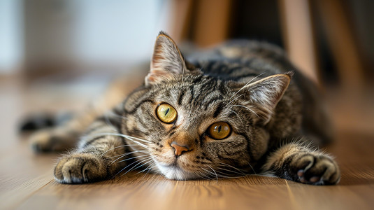 狸花猫躺在地板上高清图片