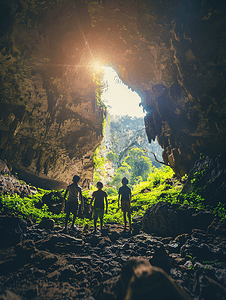 孩子旅游摄影照片_三个孩子探索山上的石灰岩洞