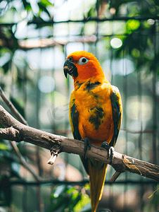 动物园鸟笼中美丽多彩的太阳锥尾鹦鹉站在树枝上