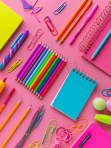 粉红色背景的学校用品文具钢笔铅笔记事本平躺