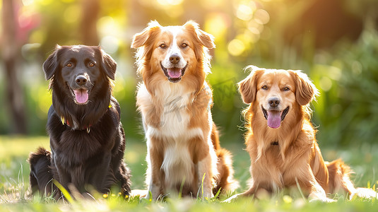 三条狗坐在阳光明媚的花园里照片