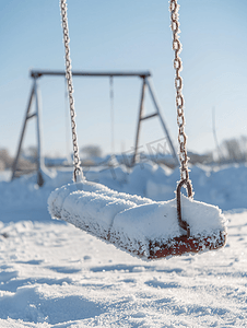 冬天积雪覆盖的公共儿童秋千