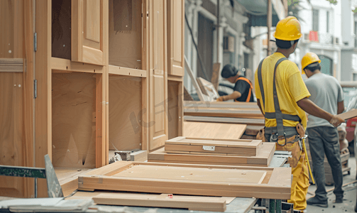 工人们在街上组装新的木柜家具