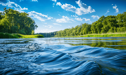 河流景观蓝色深水与湍急的水流另一海岸的绿色灌木丛