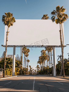 海报用途摄影照片_晴朗天空背景下棕榈树公园小巷上的空白模拟广告牌