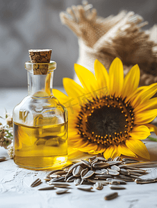 瓶中的葵花籽油和桌上的花有机产品