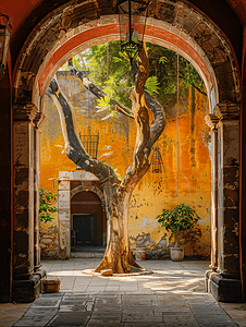 背景中一栋老建筑中的干树一座带有墨西哥古董灯的拱门