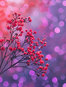 模糊闪亮的紫色背景上的红色干花封面设计贺卡