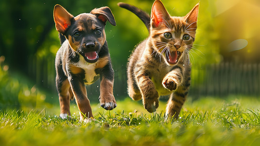 猫咪奔跑摄影照片_公园草地上小狗和猫咪摄影图