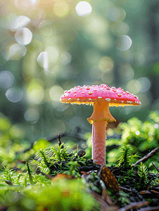 柔和的光线下森林地面上的一朵细丝小蘑菇微距拍摄自然