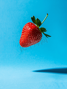 蓝色背景中悬浮的草莓浆果