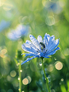 美容绿色背景摄影照片_雨滴中的菊苣花与模糊绿色背景上的蜜蜂复制空间