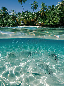 清澈的热带海水鱼群摄影配图