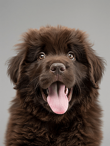 毛茸茸的棕色纽芬兰犬小狗伸出舌头