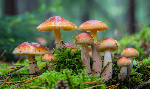 森林地面上的一群蘑菇苔藓松针
