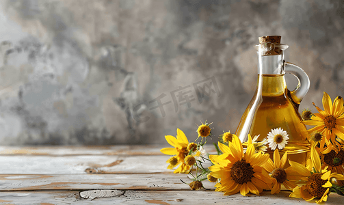 植物玻璃瓶摄影照片_玻璃瓶中的葵花籽油和木质背景上的花朵特写