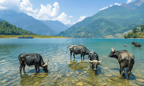 有角的牛摄影照片_尼泊尔费瓦湖中的水牛正在清凉