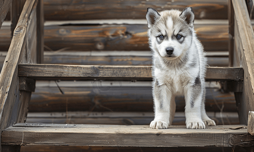 珍贵的阿拉斯加雪橇犬幼崽站在木楼梯上