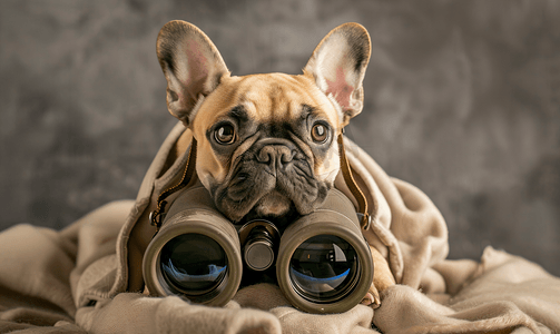 双色冰激凌摄影照片_灰色背景上带双筒望远镜的法国斗牛犬小狗旅行的概念