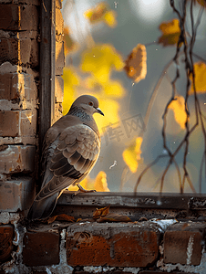 哀鸽栖息在砖窗台上