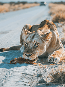 纳米比亚埃托沙绿色大草原路上的母狮