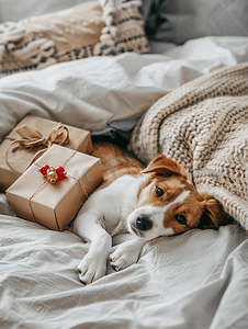 可爱的小狗躺在床上的小礼品盒附近
