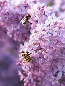 黄蜂摄影照片_蜜蜂、大黄蜂和黄蜂在紫色粉红色的花朵中飞翔