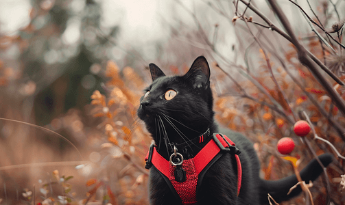 身穿红色吊带的黑猫在高地宠物领养中行走