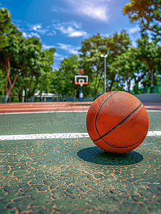 准备打篮球的镜头躺在户外空荡荡的篮球操场上