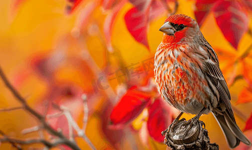 雄性家雀栖息着秋天的色彩背景