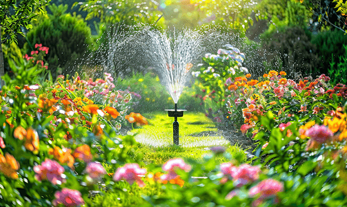 花园里的洒水器给草坪浇水自动浇水草坪