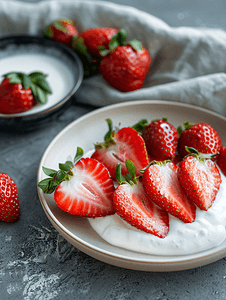 红色小草莓摄影照片_桌上盘子里的新鲜切片草莓和酸奶健康的维生素甜点