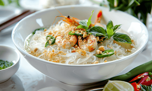中华美食图章摄影照片_传统泰国菜米粉配绿咖喱