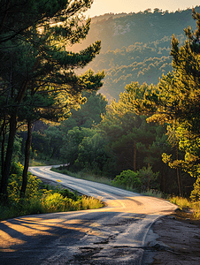 千库网金色弧形曲线元素摄影照片_克里米亚山脉日落时分夏季森林的柏油路