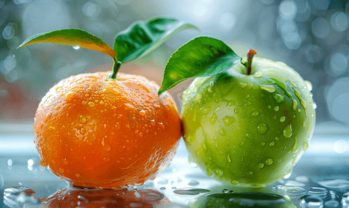 苹果和橘子放在蔬菜底座上