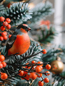 狐狸企鹅摄影照片_圣诞树树枝上的红腹灰雀和浆果玩具装饰