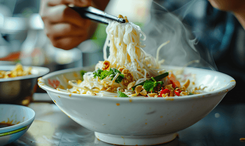 米粉美食摄影照片_传统泰国菜米粉配绿咖喱
