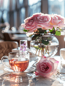 茶餐厅背景摄影照片_餐厅餐桌上供应的玫瑰茶