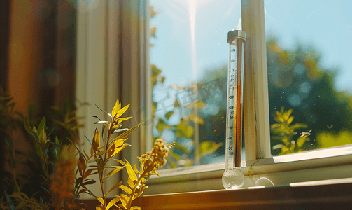 秋天窗户摄影照片_炎热秋日窗玻璃上的温度计