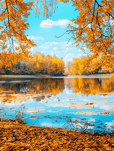 秋天的风景黄树蓝天和秋天的湖泊自然风光