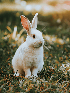 小侏儒摄影照片_绿色自然背景上一只有趣的白兔的肖像